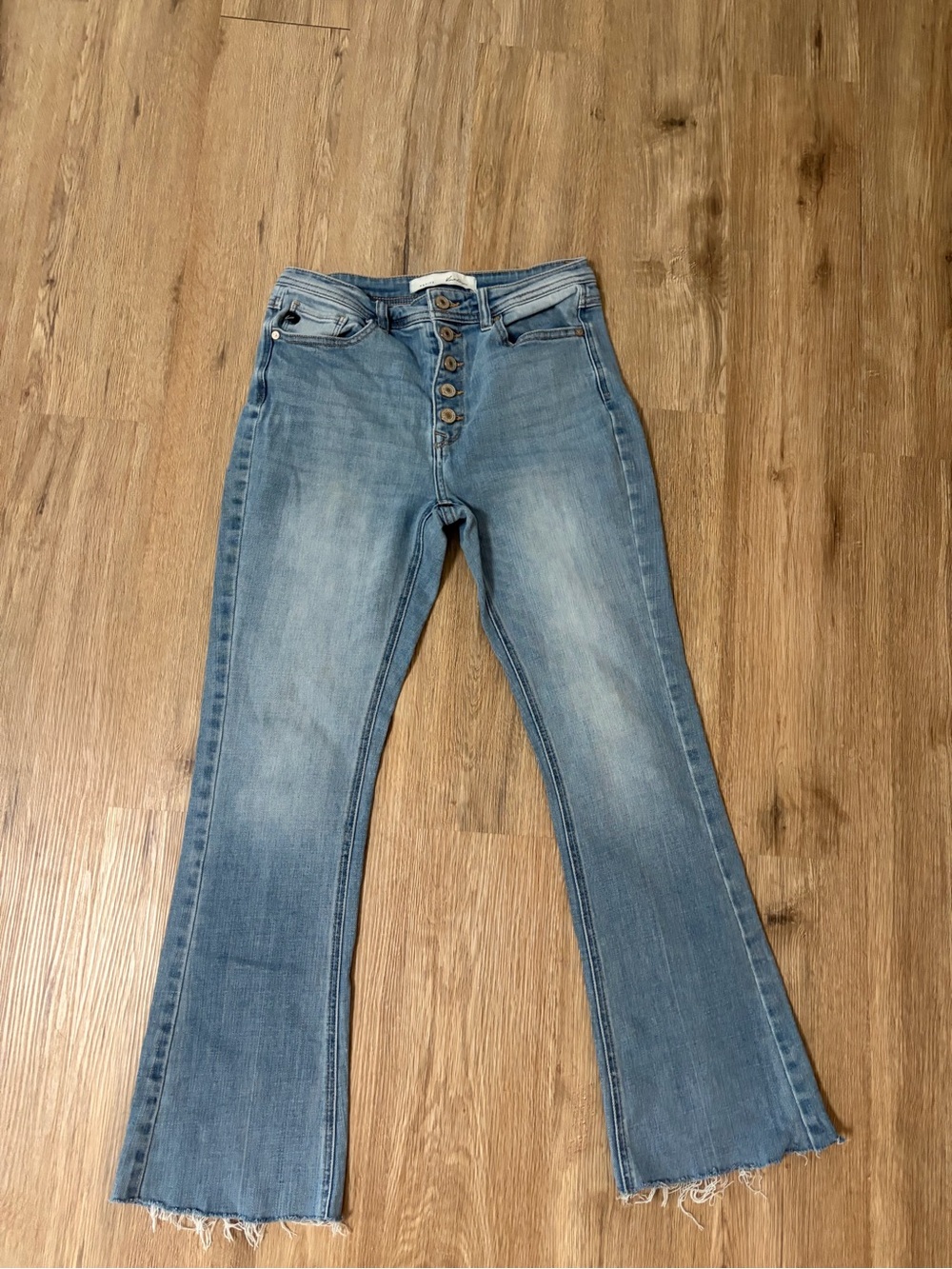 Kensie Light Blue Button-Fly Flare Jeans